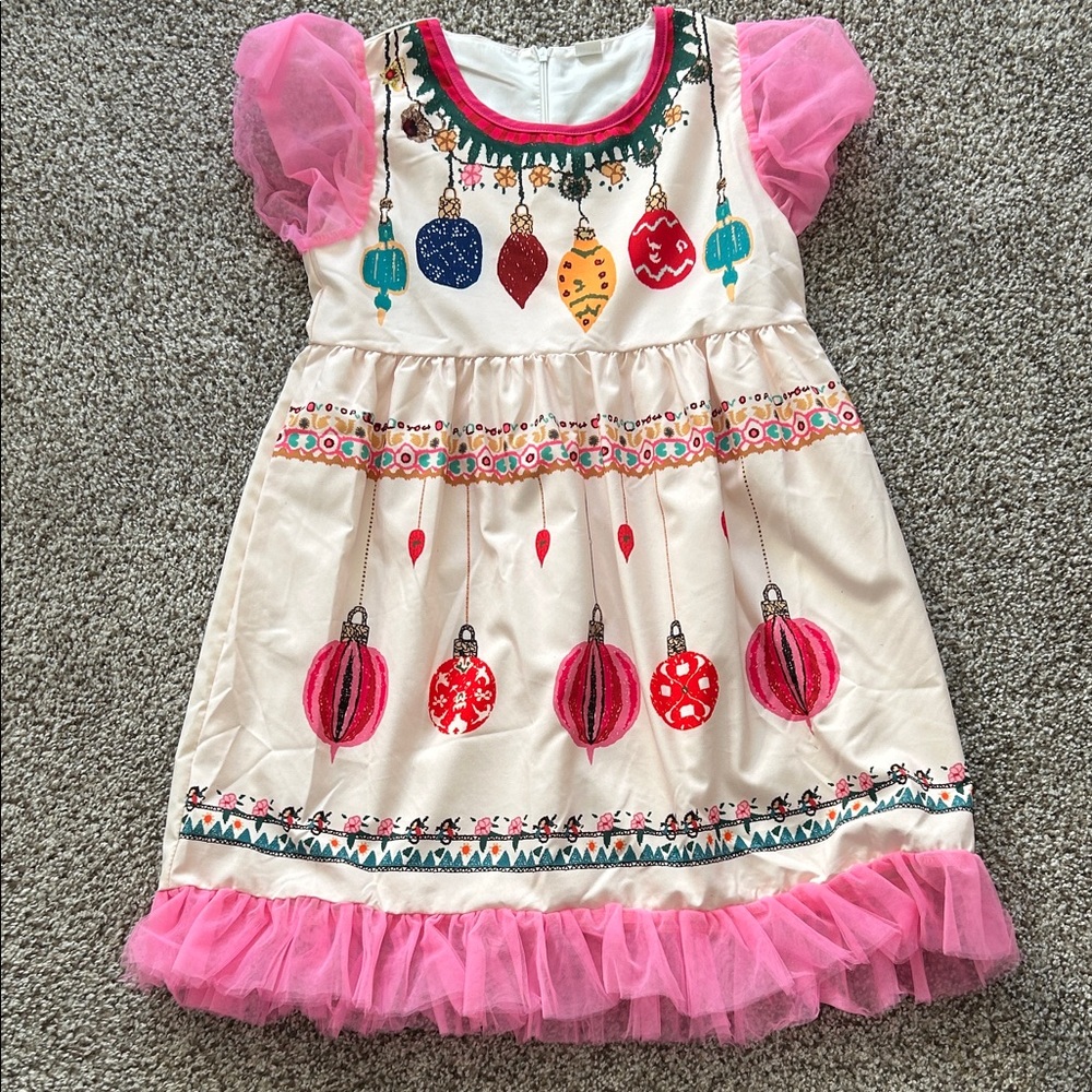 NWOT Mini Taylor Festive Pink and Cream ornament Dress - 11/12